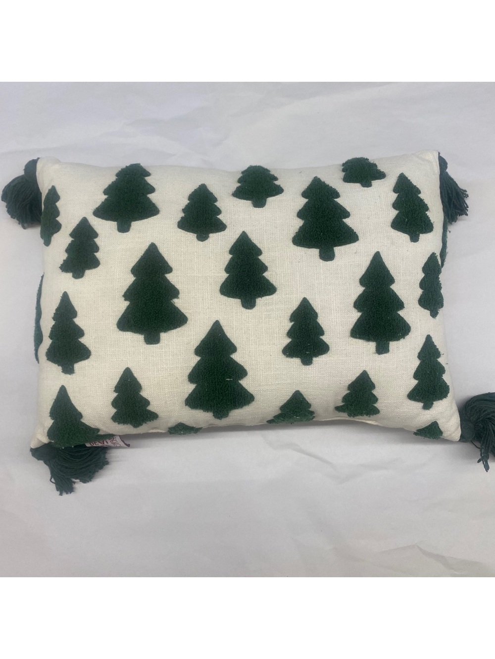 Devi Designs Christmas Tree Chenille Tassel Throw Pillow Green Cream 20x13